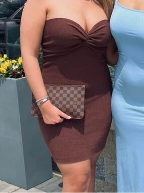 Strapless Twist-Front Bodycon Knit Dress in Chocolate Brown